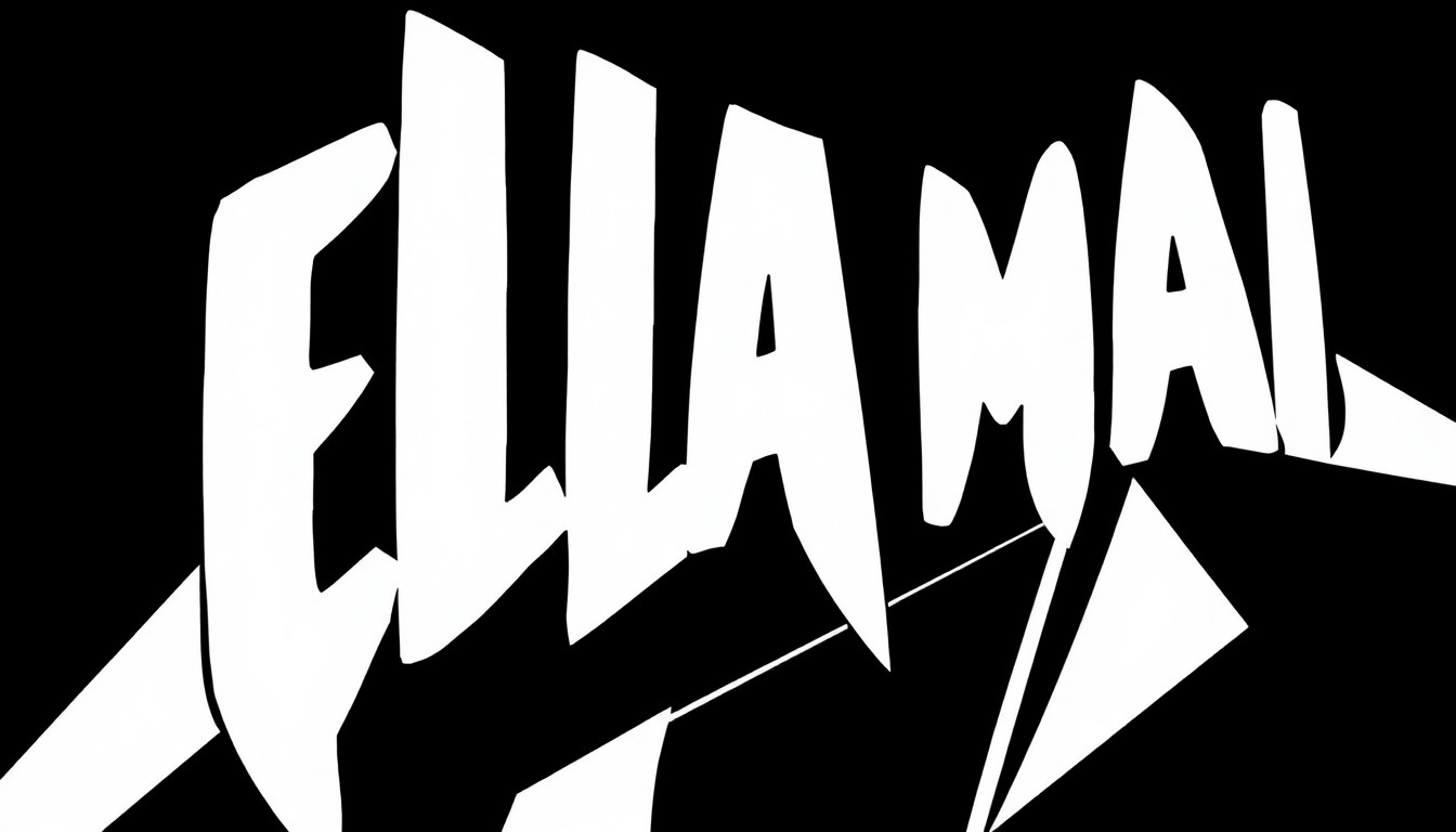 An abstract, minimalist illustration featuring sharp, angular black shapes against a stark white background, conveying the energy and rhythm of Ella Mai's music.