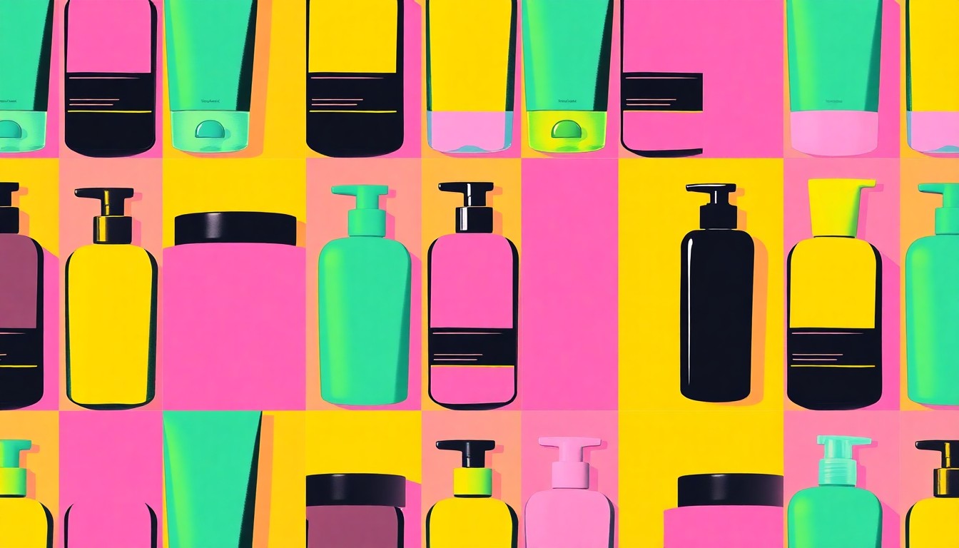 A brightly colored, high-contrast silkscreen print of a sunscreen bottle repeated in a grid pattern, using vibrant neon hues and heavy black outlines to transform the everyday product into modern pop art.