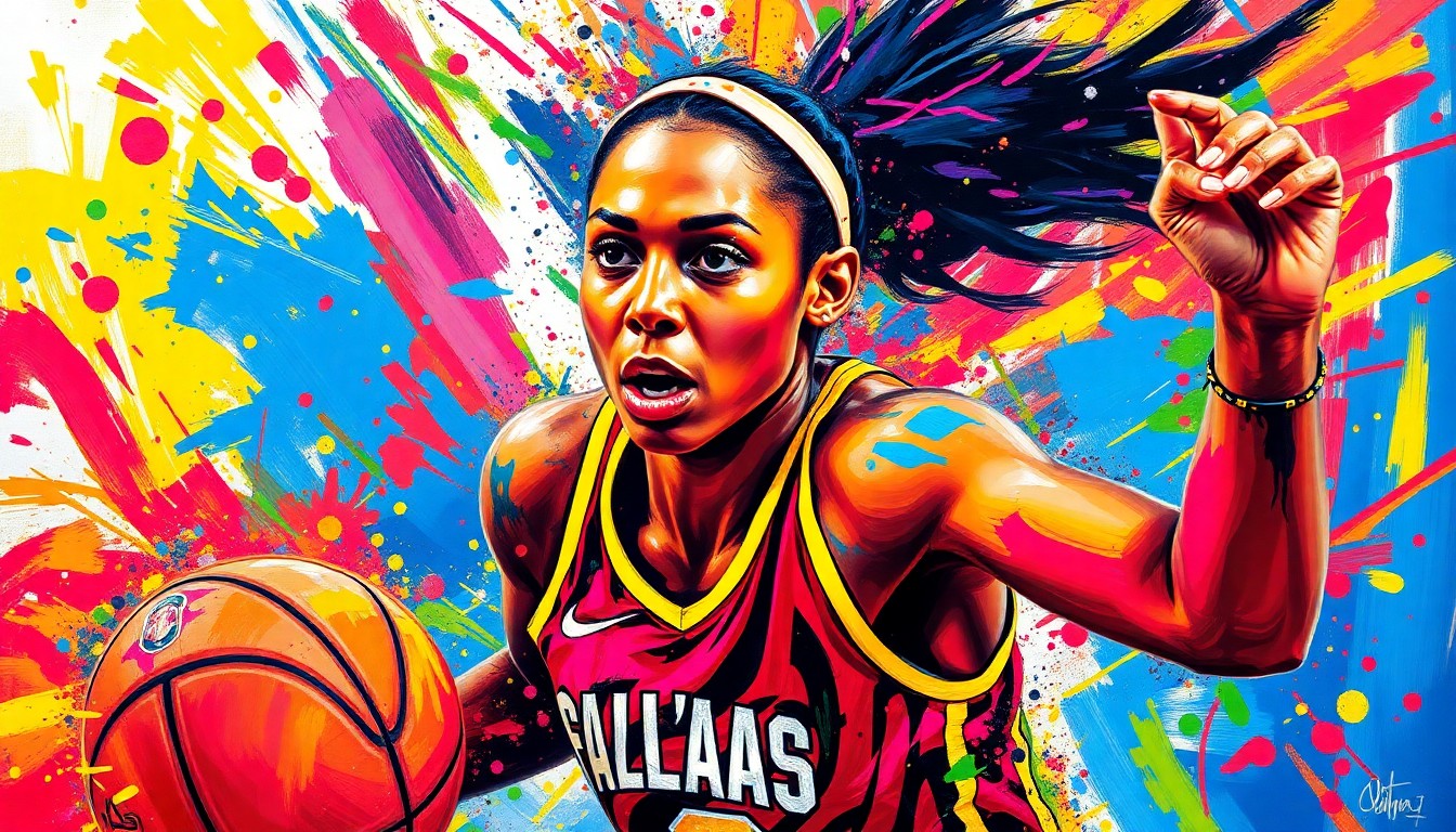 An explosive, neon-colored expressionist painting capturing the raw energy and movement of a basketball player, with their face and jersey number dissolving into vibrant brushstrokes.