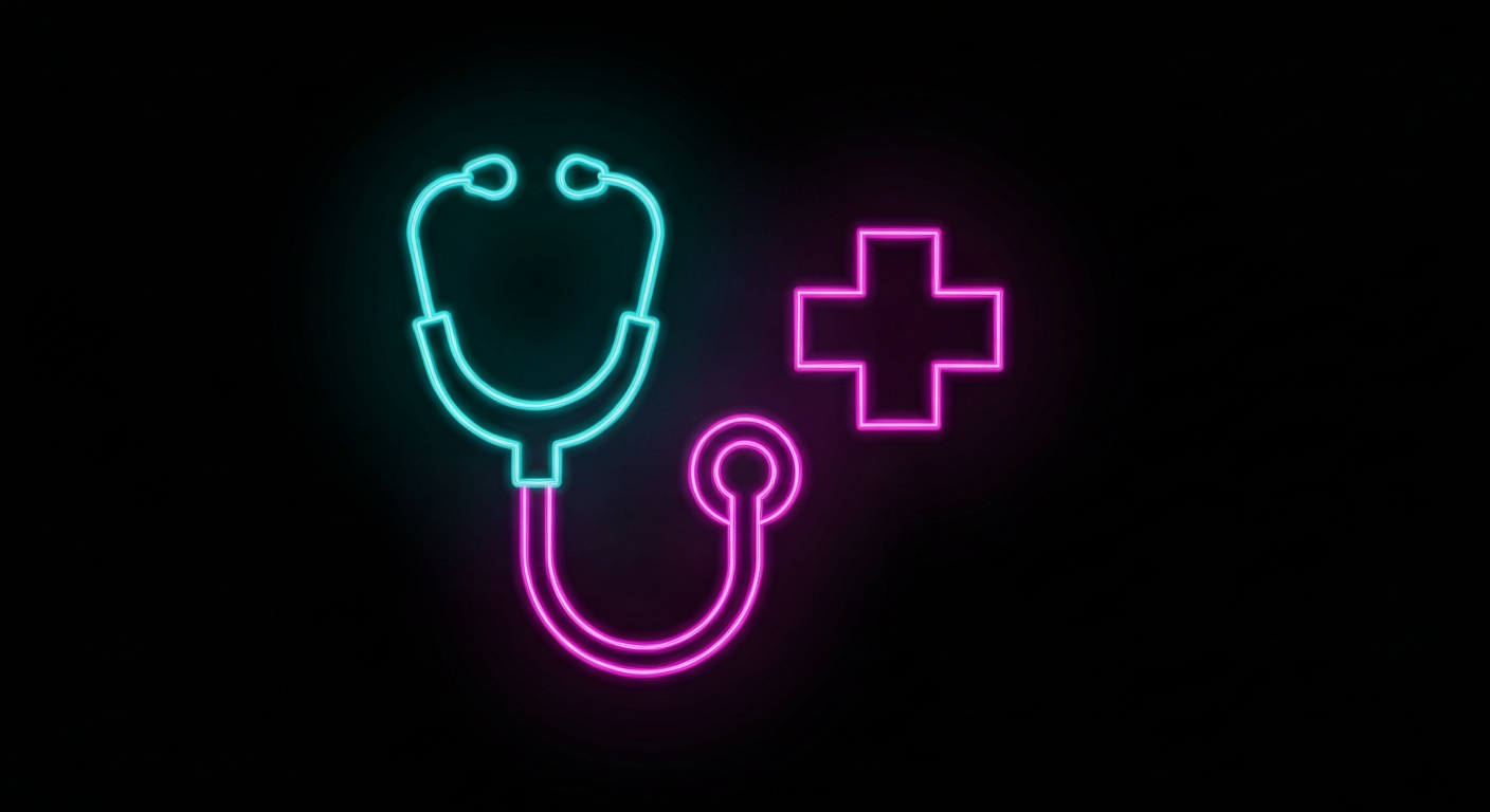 A minimalist neon outline of a stethoscope and medical cross symbol, glowing in vibrant colors against a dark background, conceptually representing the systemic challenges in healthcare access for marginalized groups.