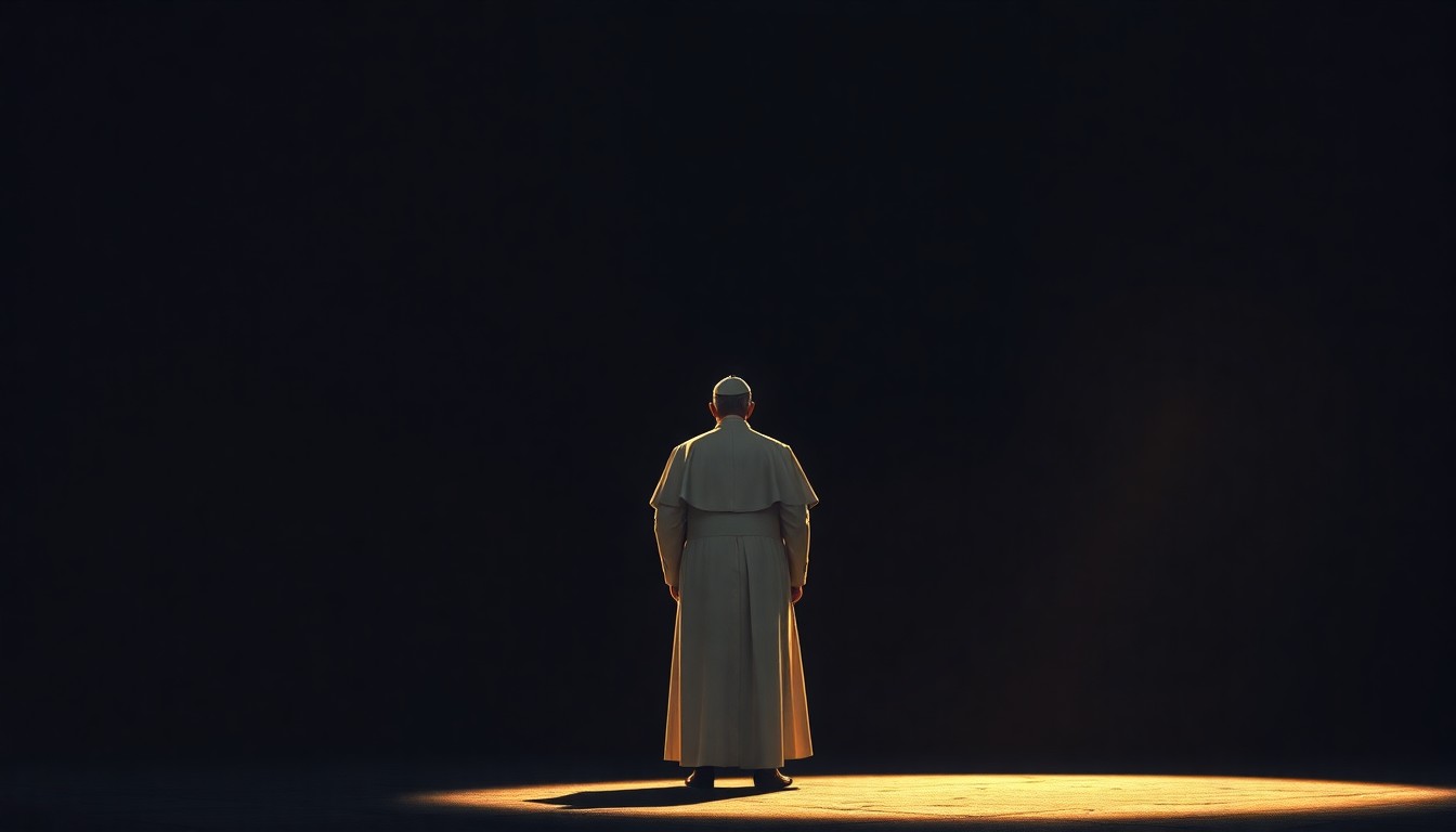 A pensive, solitary figure of the Pope standing alone in a dimly lit urban setting, with warm diagonal sunlight casting shadows across the scene, conveying a sense of quiet moral authority.