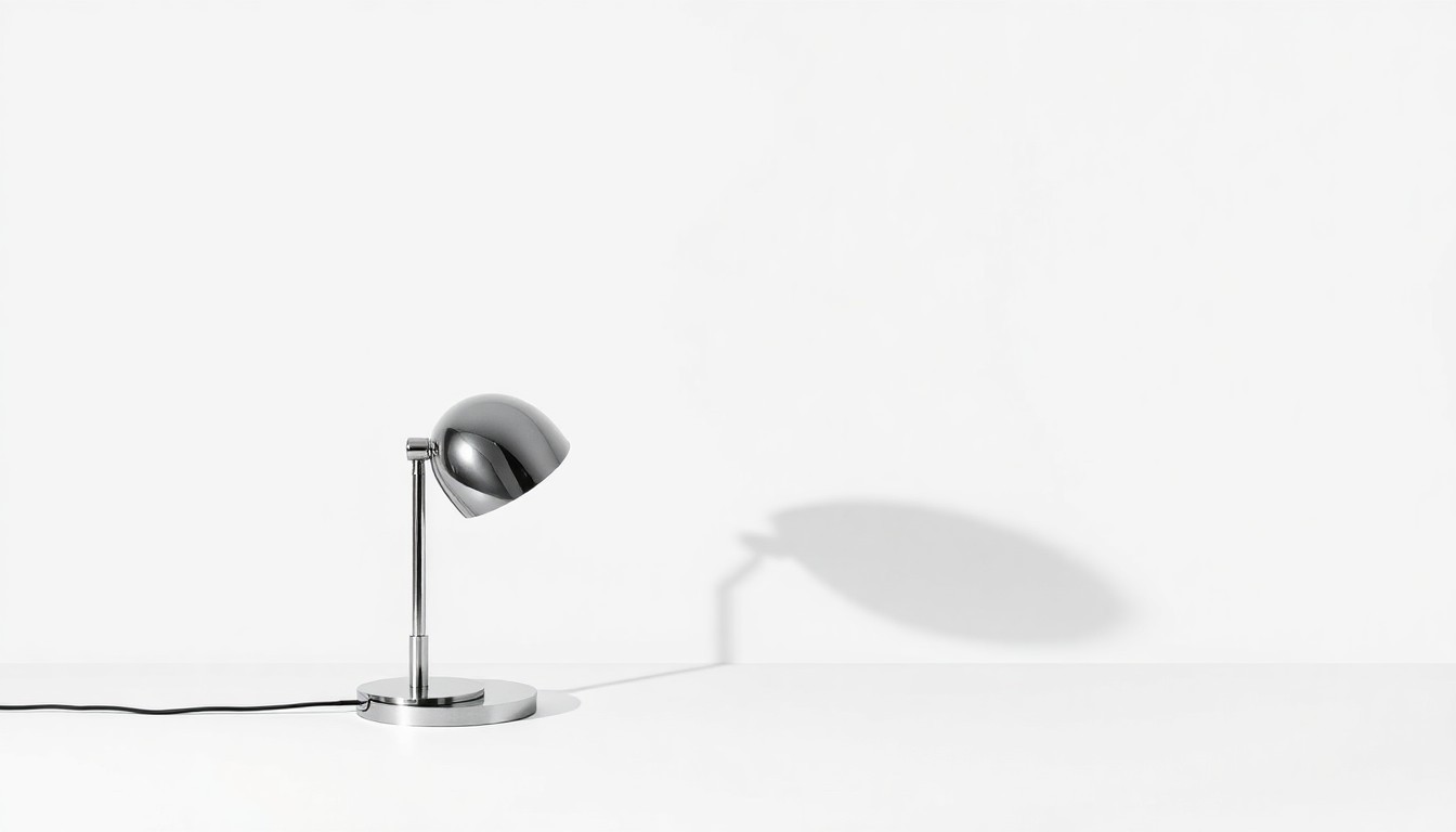 A minimalist, high-contrast studio photograph featuring a sleek, modern desk lamp made of polished chrome and glass, casting dramatic shadows on a clean, white seamless background, symbolizing the precision and expertise required in providing sophisticated tax advisory services.