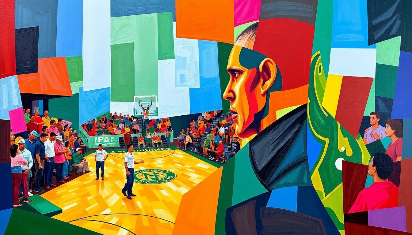 A cubist, geometric painting featuring overlapping planes of bright green, red, and white, representing the chaotic energy of a basketball game or coaching scene.