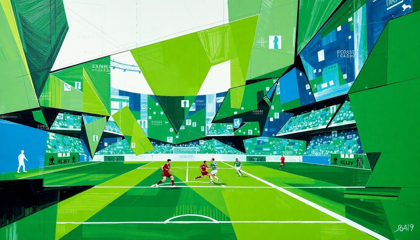 A vibrant, geometric painting depicting the action and energy of a high school soccer match, with players and the field broken down into sharp, overlapping planes of color.