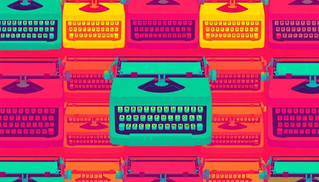 A brightly colored, high-contrast silkscreen print of a vintage typewriter repeated in a tight grid pattern, conceptually representing the grassroots poetry community fostered by the Poets Anonymous meetup.