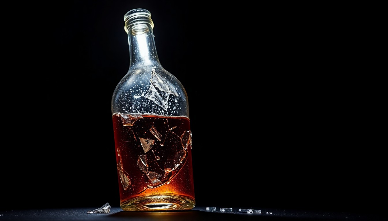 An extreme close-up photograph of a shattered glass liquor bottle against a pitch-black background, conceptually illustrating the damage caused by a break-in at a local liquor store.
