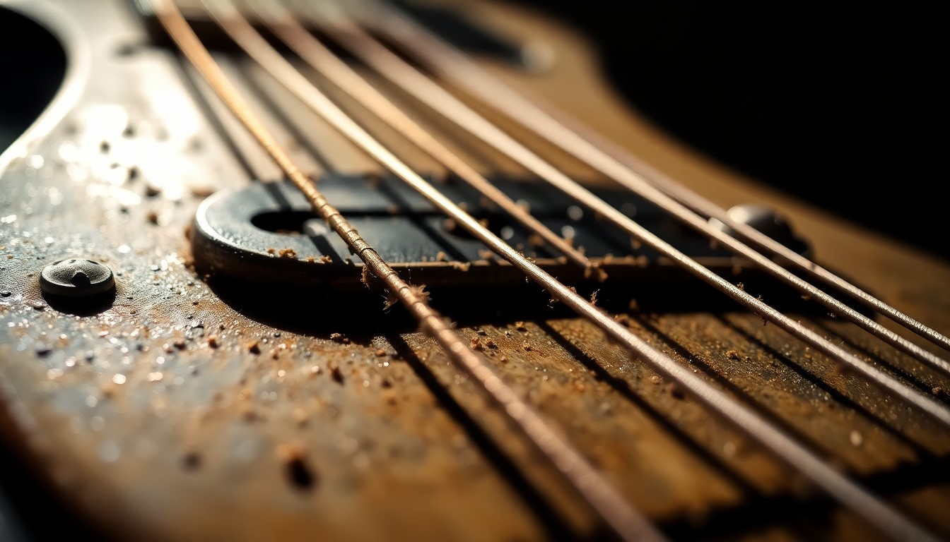 An extreme close-up photograph of heavily textured, weathered guitar strings in dramatic, high-contrast studio lighting, conceptually representing the perseverance of a musician living with a degenerative condition.