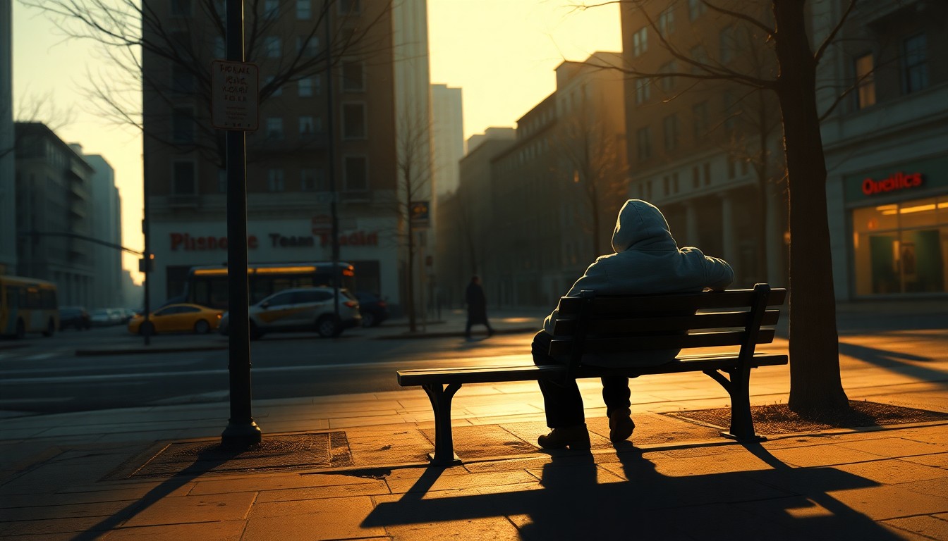 A serene oil painting depicting a lone homeless person sitting on a park bench in a downtown urban setting, the figure bathed in warm, golden light and surrounded by deep shadows, conveying a sense of solitude and isolation.