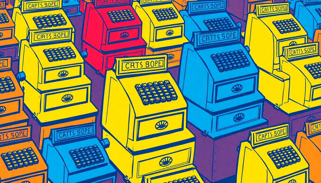 A vibrant, pop art-inspired illustration featuring a repeating pattern of a vintage cash register in bold, neon colors, conceptually representing the energy and entrepreneurial spirit of a local artisan market.