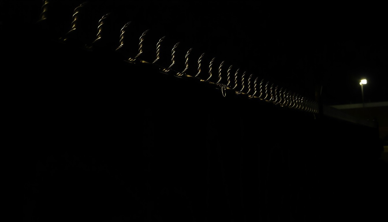 An extreme close-up photograph of graffiti on a fence, the text obscured by dramatic shadows and harsh lighting, conveying a sense of unease and investigation.