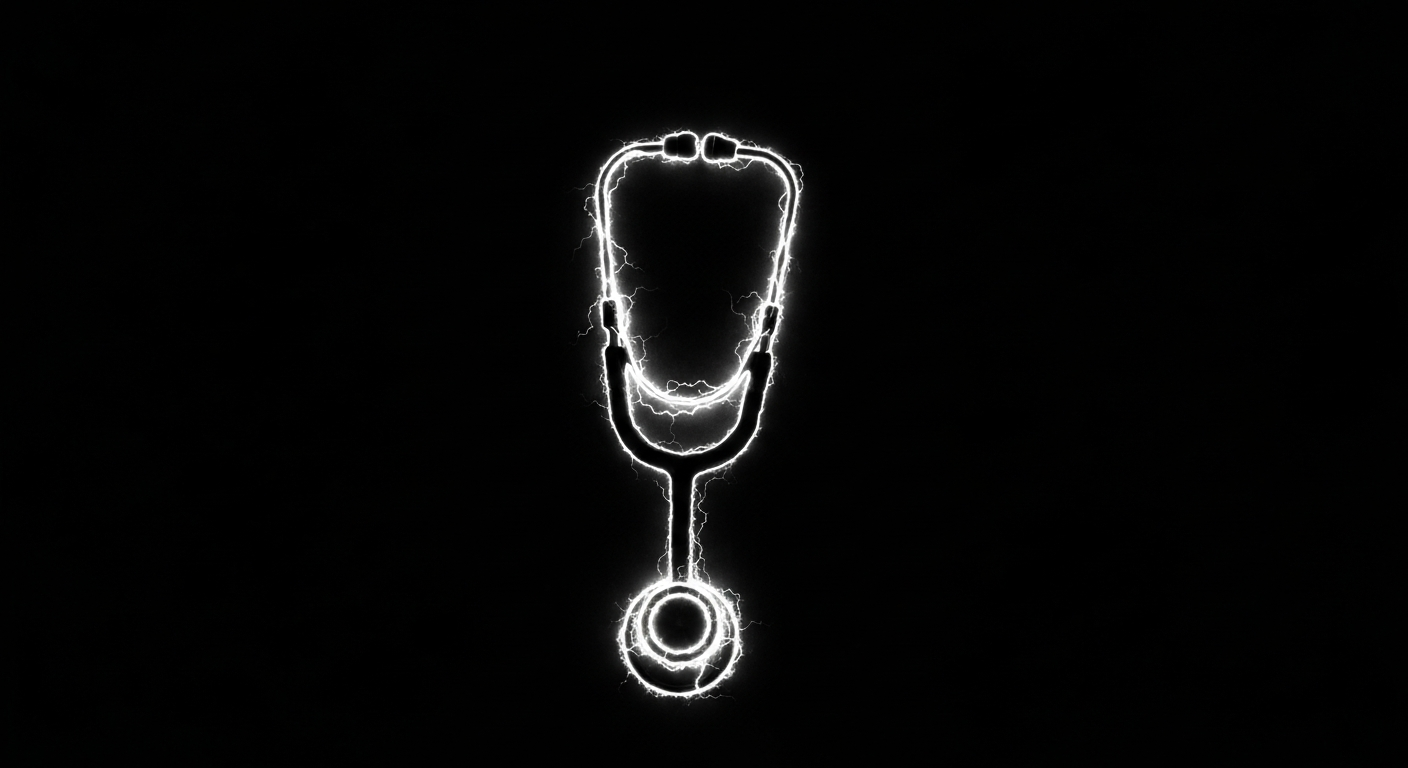 A minimalist neon outline of a stethoscope, its glowing lines pulsing with an electric energy against a dark background, conceptually representing the vital medical services provided by the new free clinic.