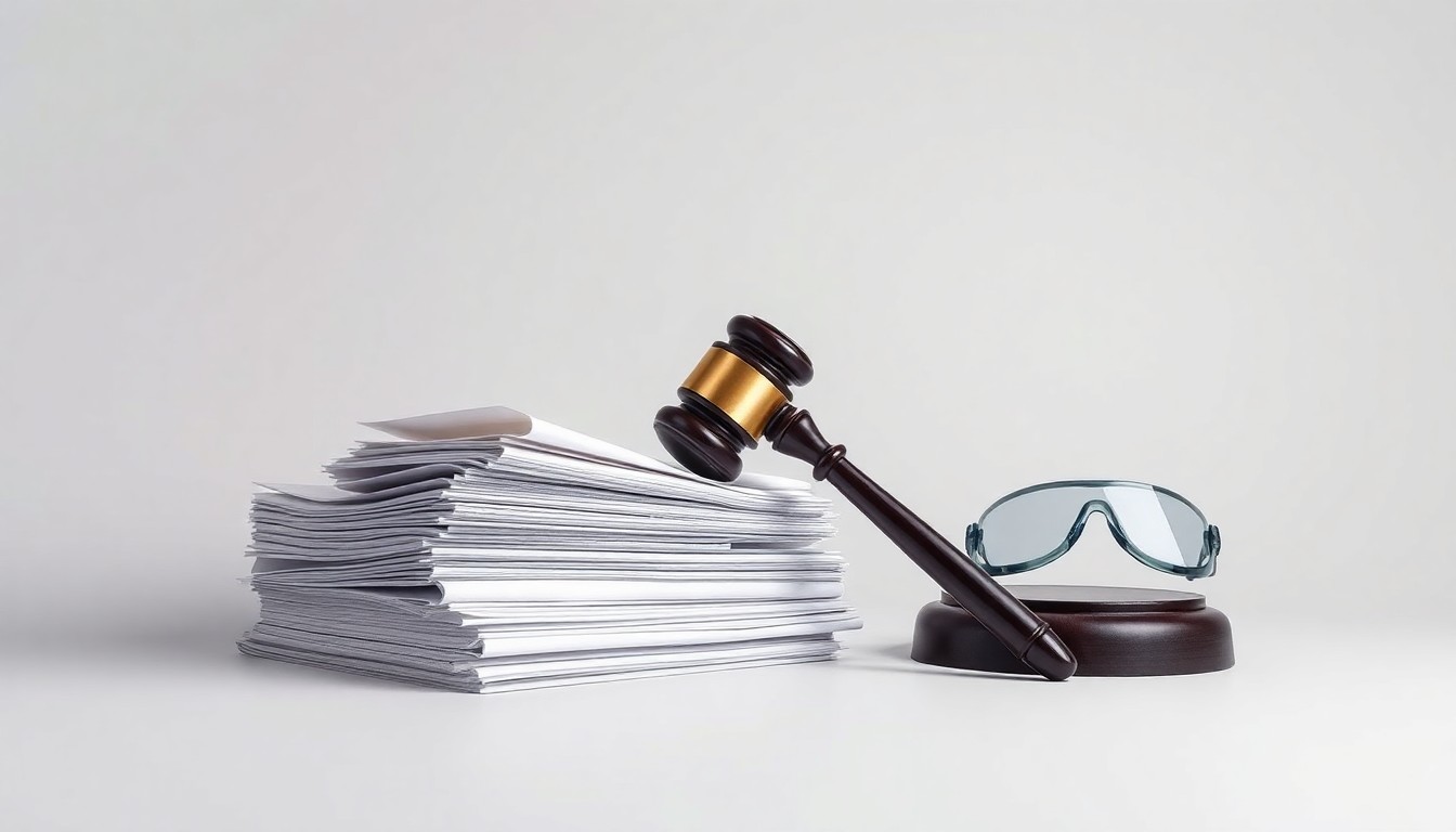 A photorealistic studio still-life featuring a stack of legal documents, a gavel, and a pair of safety goggles arranged elegantly on a clean, monochromatic background, conceptually representing the intersection of workplace safety, regulatory compliance, and the legal profession.
