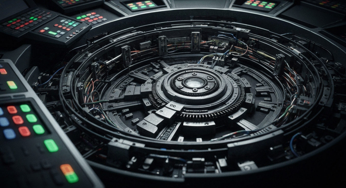 An extreme close-up of the complex inner mechanisms and blinking lights of a stock trading terminal, conveying a sense of the intricate financial infrastructure that powers the markets.