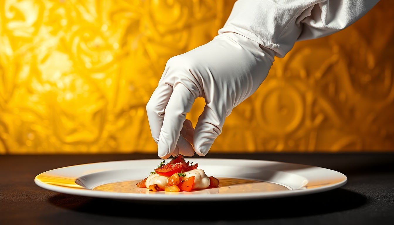 An extreme close-up photograph of a chef's hand wearing a white glove, carefully placing a garnish on a plate, with a dramatic high-contrast backdrop of luxurious golden and silver textures, conceptually representing the skill and craftsmanship of professional culinary work.
