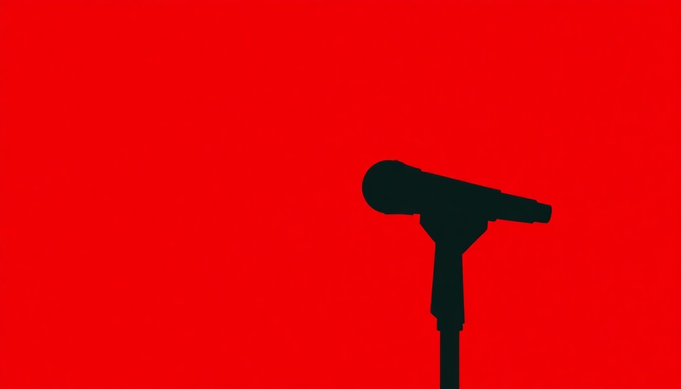 A minimalist black silhouette of a vintage microphone against a bold red background, conceptually representing the loss of a musical performer.