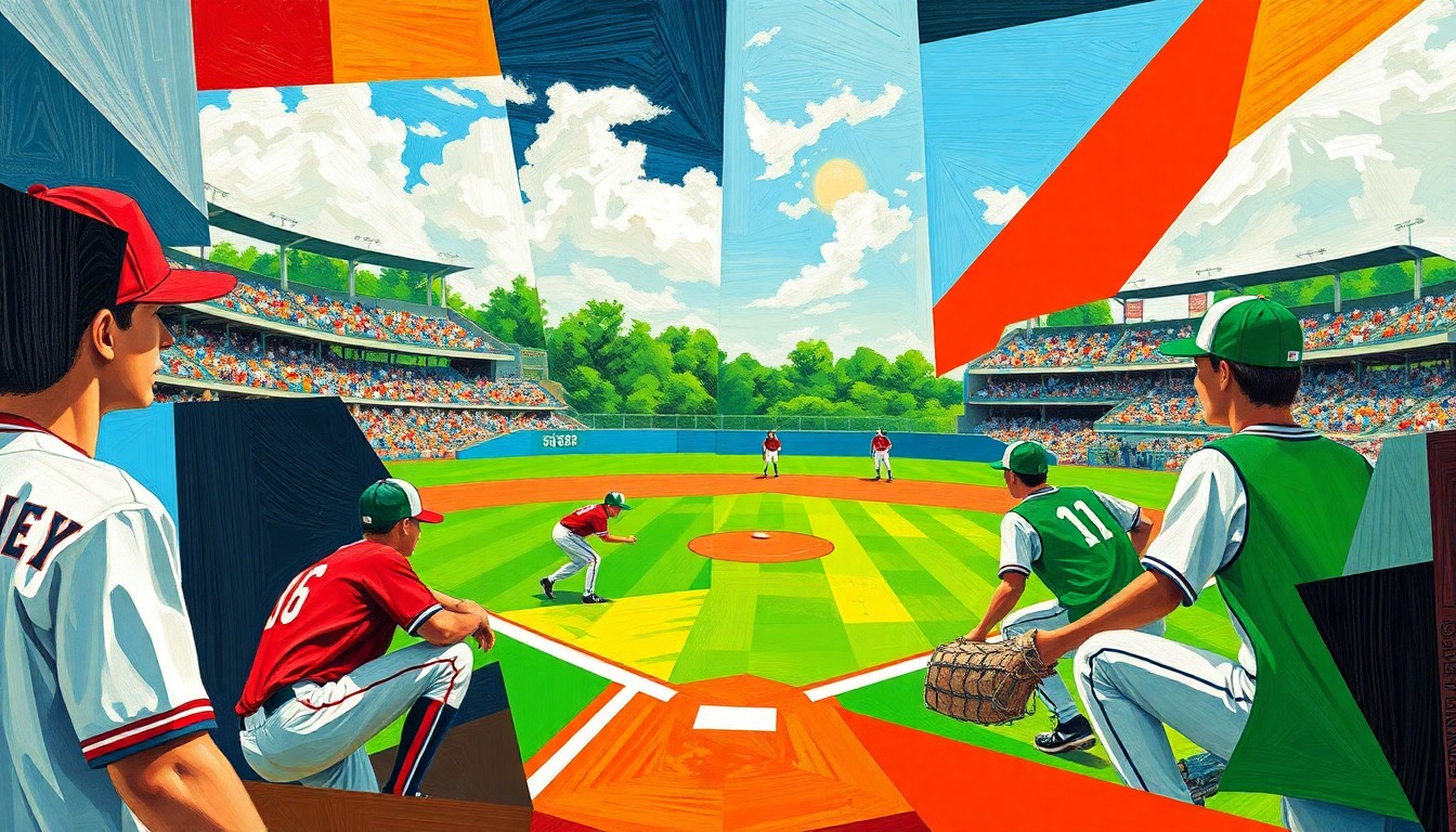 A fractured, multi-perspective painting in bold, clashing colors that breaks down a high school baseball game into sharp, overlapping geometric shapes, conveying the dynamic energy and competitive spirit of the local sports scene.