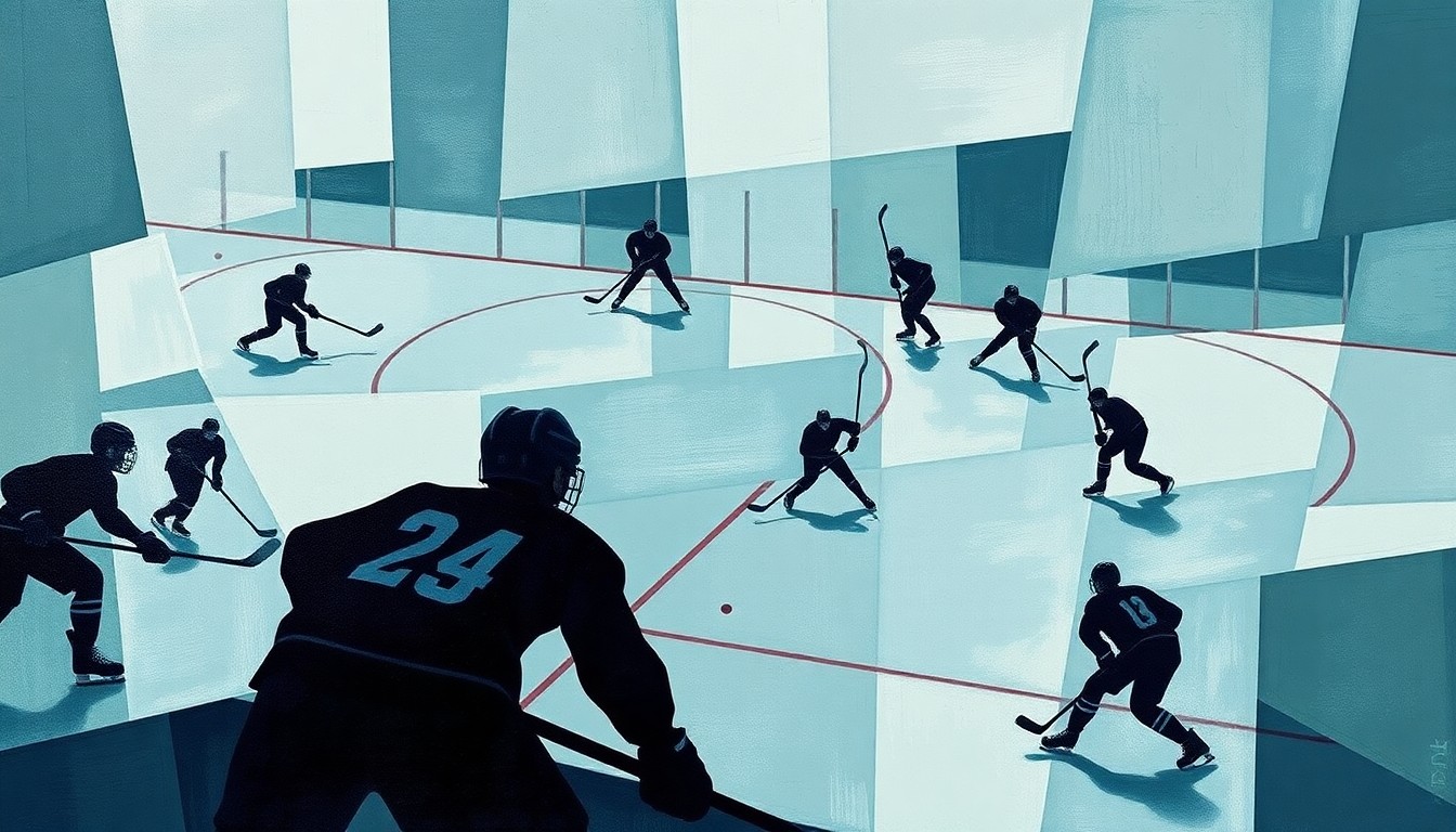 A cubist, geometric painting depicting the abstract shapes and forms of a hockey game, with overlapping planes of ice, sticks, pucks, and shadowy player silhouettes in muted tones, capturing the strategic intensity of the Stars' playoff-clinching win.