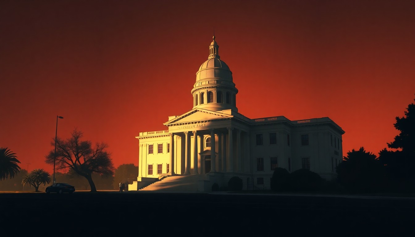 A photorealistic painting of the California state capitol building in Sacramento, with the structure bathed in warm, golden sunlight and surrounded by deep shadows, capturing a sense of quiet contemplation and civic importance.