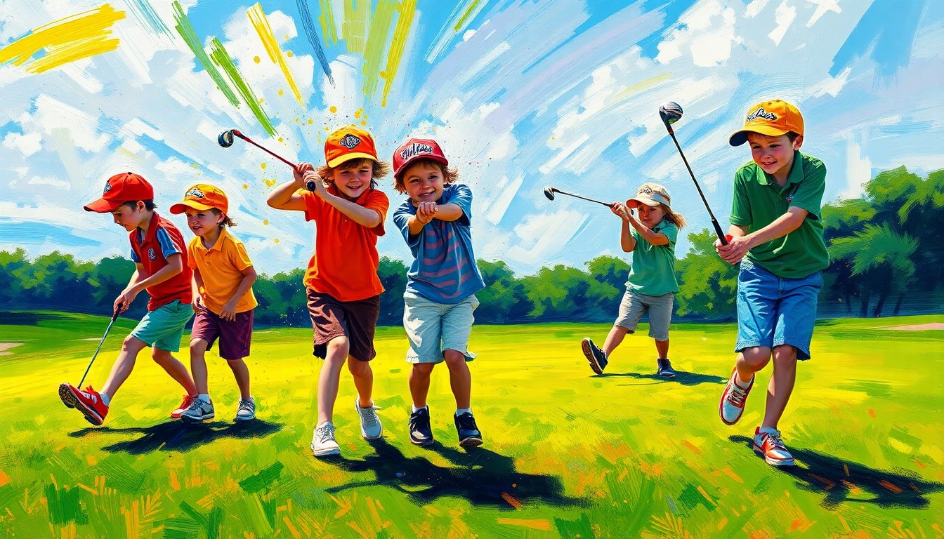 An abstract, energetic painting in neon greens, blues, and oranges, depicting the fluid motion and excitement of a group of children playing golf on a verdant course.