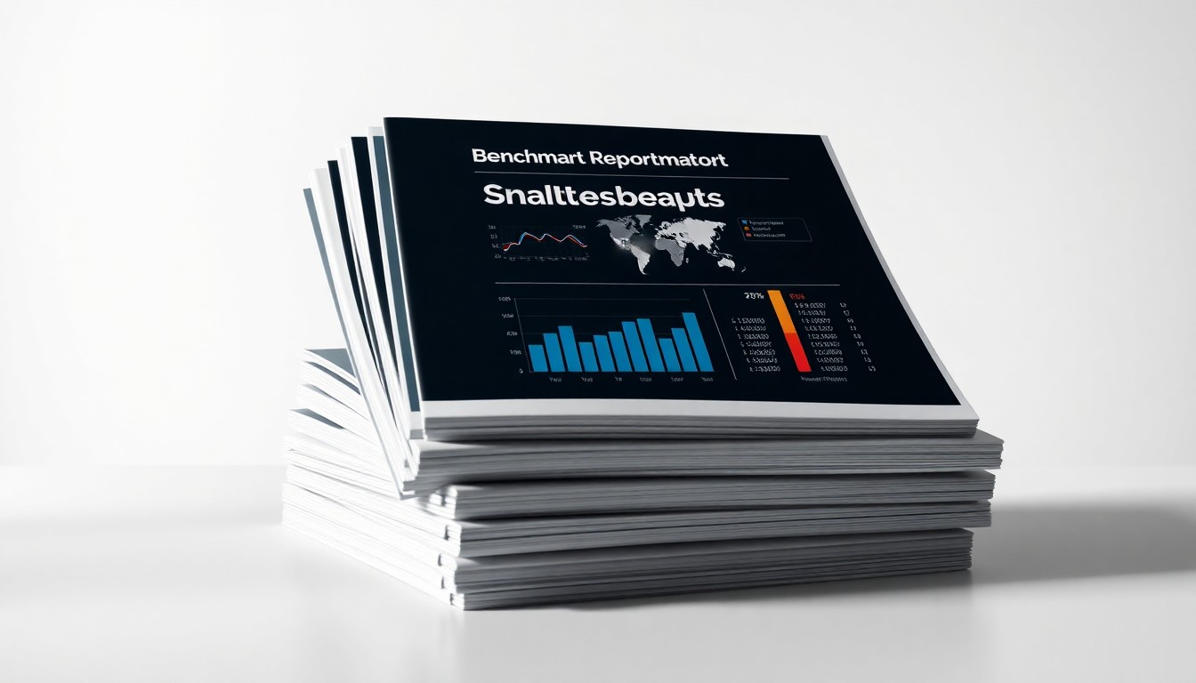 A high-end, photorealistic studio still-life featuring a stack of neatly organized SaaS marketing reports and analytics dashboards on a clean, monochromatic background, symbolizing the data-driven insights and strategic value of the TripleDart benchmark report.