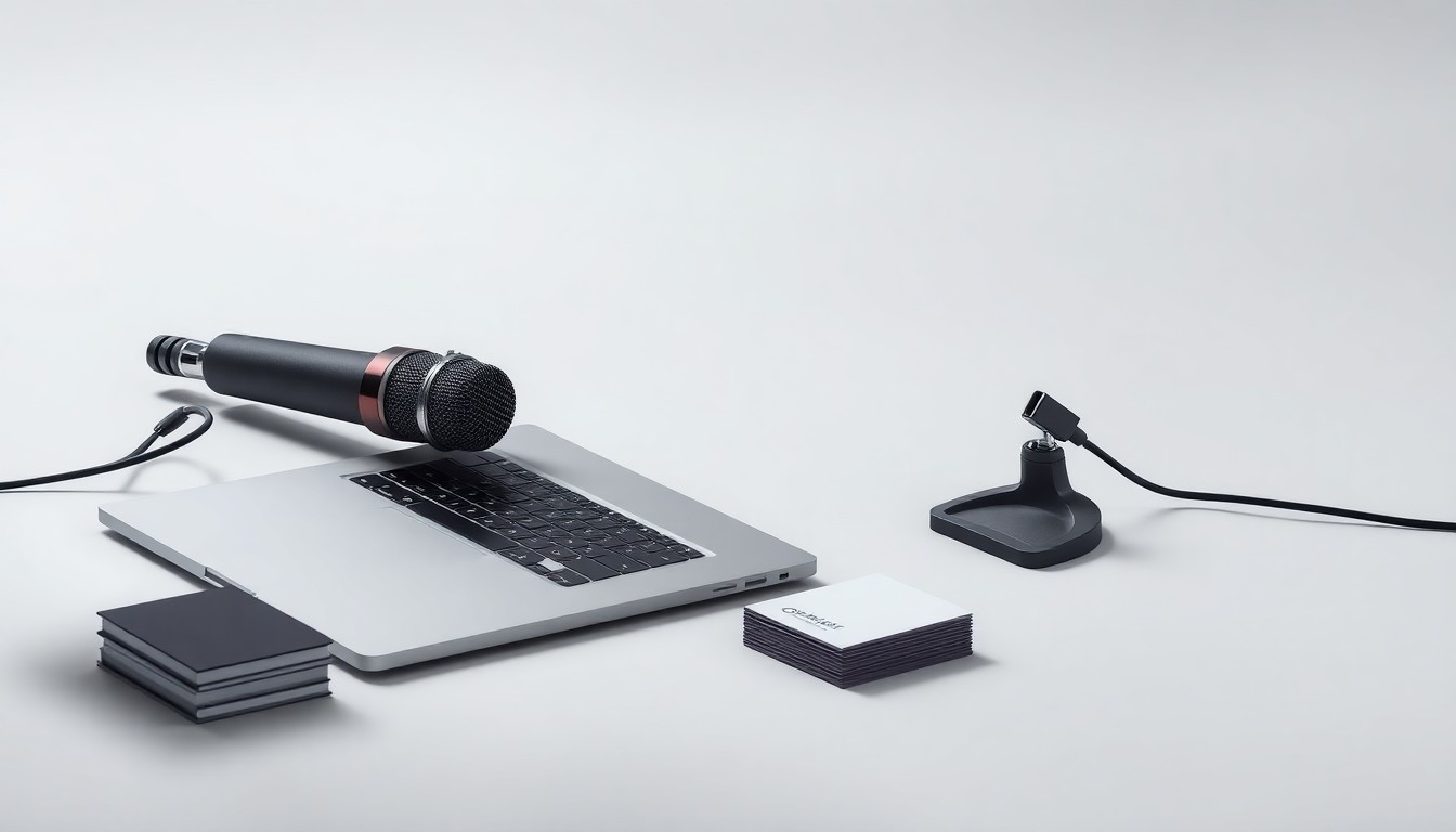 A photorealistic studio still life featuring a sleek laptop, professional microphone, and stack of business cards arranged elegantly on a clean, monochromatic background, conveying the intersection of media, technology, and strategic leadership.