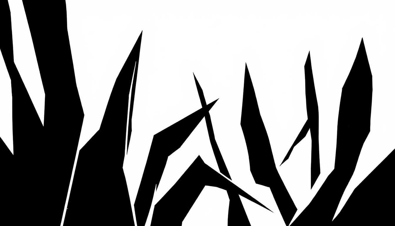 An abstract, minimalist illustration composed of bold, jagged black shapes against a stark white background, conceptually representing the milestone 50th anniversary of the Cleveland International Film Festival and its dedication to independent film.