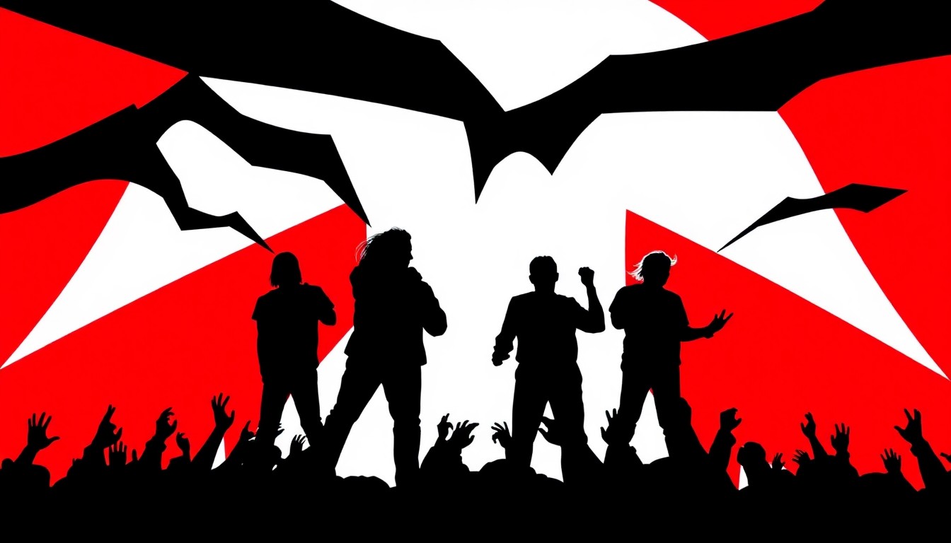 An abstract, minimalist illustration featuring sharp, angular black shapes against a vibrant red and white background, conveying the dynamic energy of a major concert event.