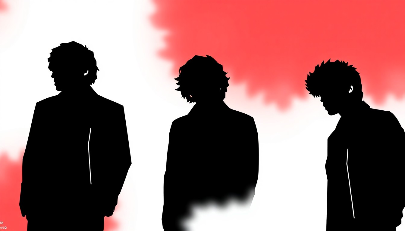 An abstract, minimalist illustration featuring sharp, overlapping black silhouettes representing the members of The Strokes band, set against a high-contrast background of solid red and white colors, conceptually capturing the band's iconic alt-rock sound and their upcoming concert.