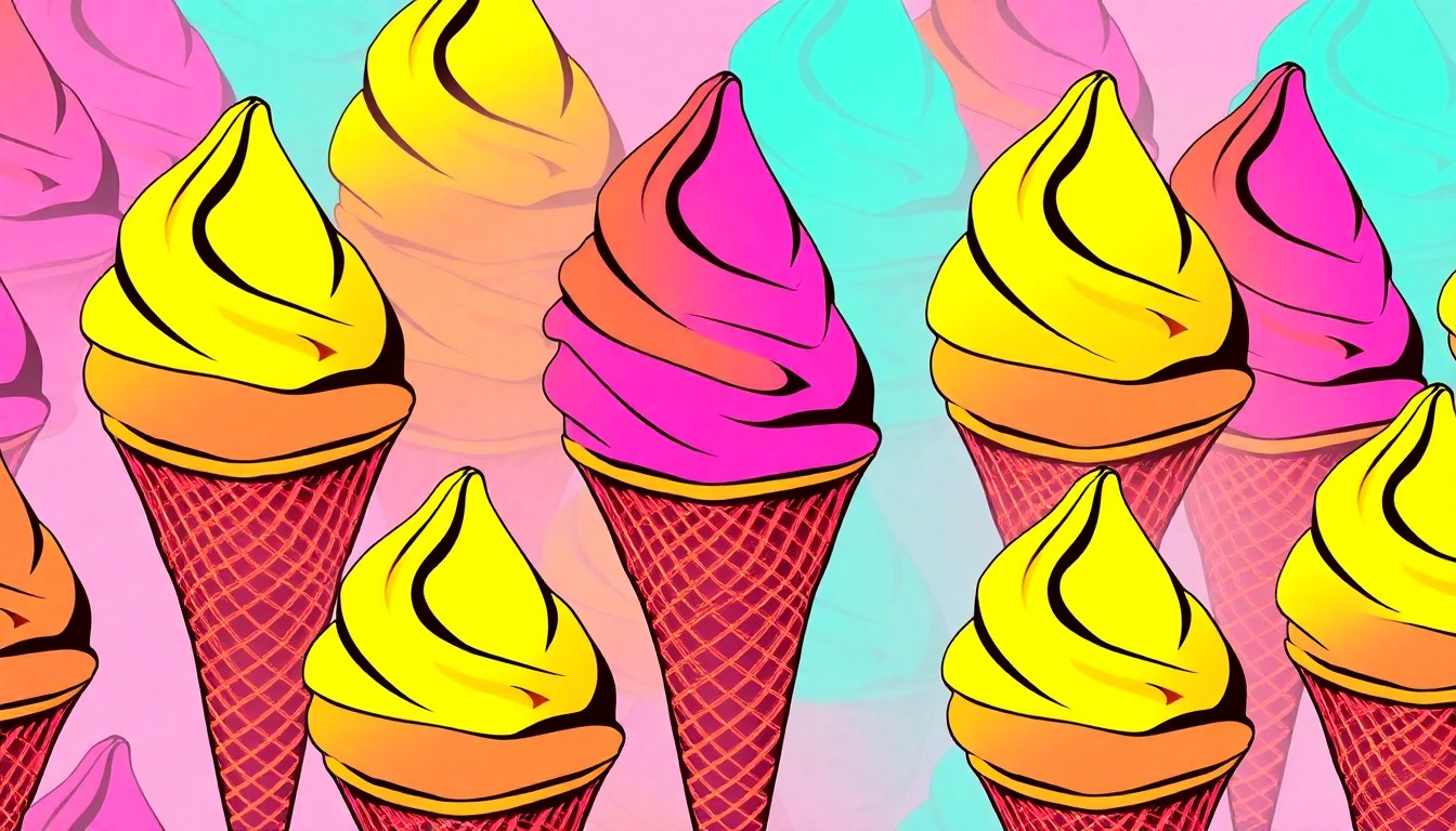A vibrant, pop art-inspired grid of neon-colored gelato scoops in waffle cones, conceptually representing the joy and energy of a beloved local gelateria's seasonal reopening.