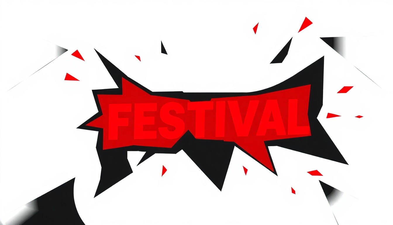 An abstract illustration featuring bold, jagged shapes in black and red, conveying the energy and excitement of a film festival without any text or literal imagery.