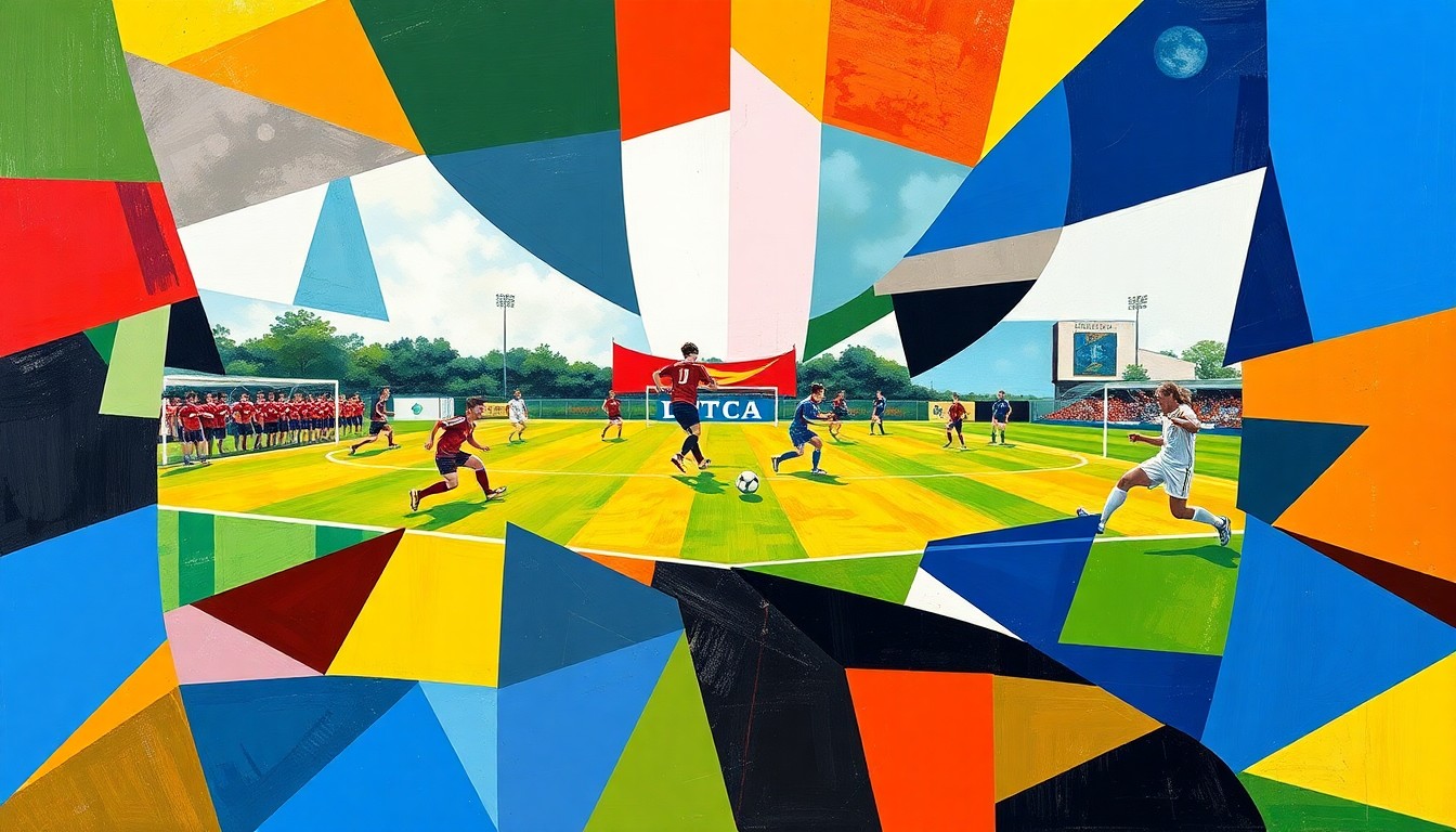A fragmented, cubist-style painting depicting a high school soccer match, with overlapping geometric shapes in the team colors of Powdersville and Byrnes, conveying the competitive energy of the rankings race.