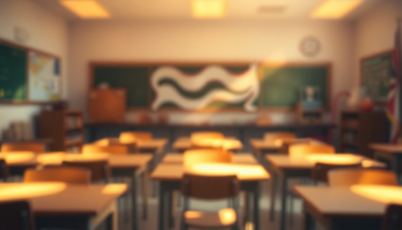 An out-of-focus, dreamlike image of a classroom filled with soft, warm light and blurred shapes, conveying a sense of wonder and discovery in learning.