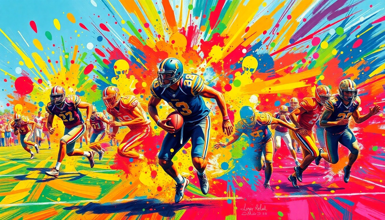 An abstract, energetic painting featuring bold, neon-colored brushstrokes that evoke the dynamic motion and intensity of high school sports competitions.