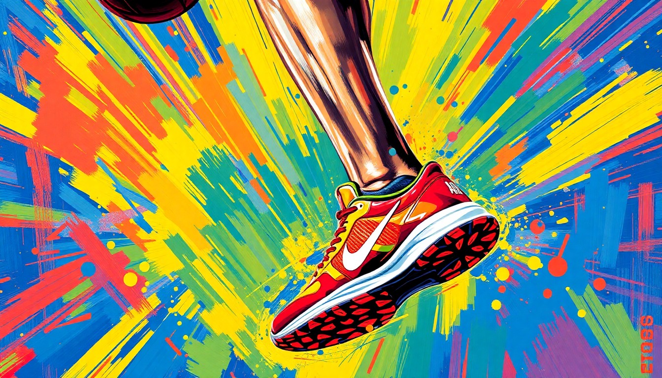 An abstract expressionist painting in vibrant neon colors, capturing the dynamic motion and energy of a basketball player's movements, representing the auction of Steph Curry's game-worn sneakers.