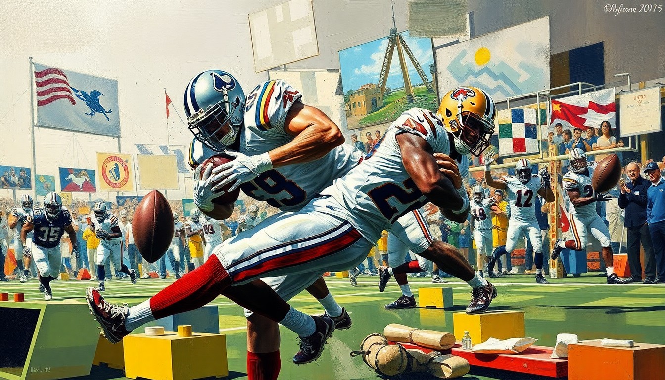 A fragmented, geometric painting depicting the powerful movements of a defensive tackle making a tackle, with sharp planes of color and form capturing the raw energy of the play.