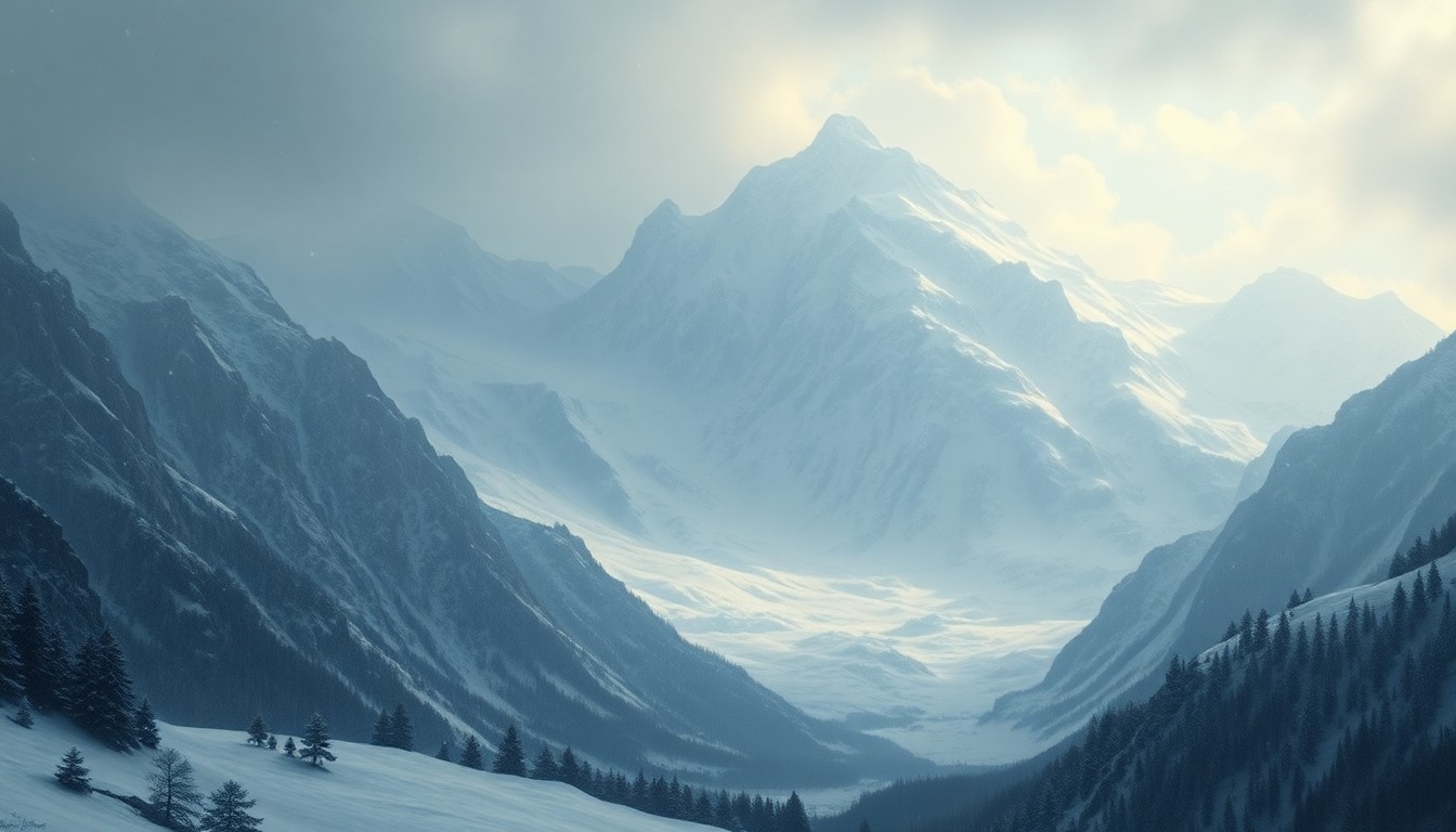 A sweeping, atmospheric landscape painting depicting a snow-covered mountain range under a dramatic, moody sky, conveying the sublime power of a major winter storm.