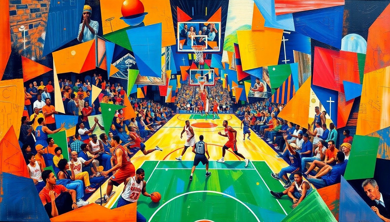 A cubist, geometric painting depicting the action and movement of a basketball game between the New York Knicks and Atlanta Hawks, with the players' forms broken down into abstracted shapes and planes of vibrant color.