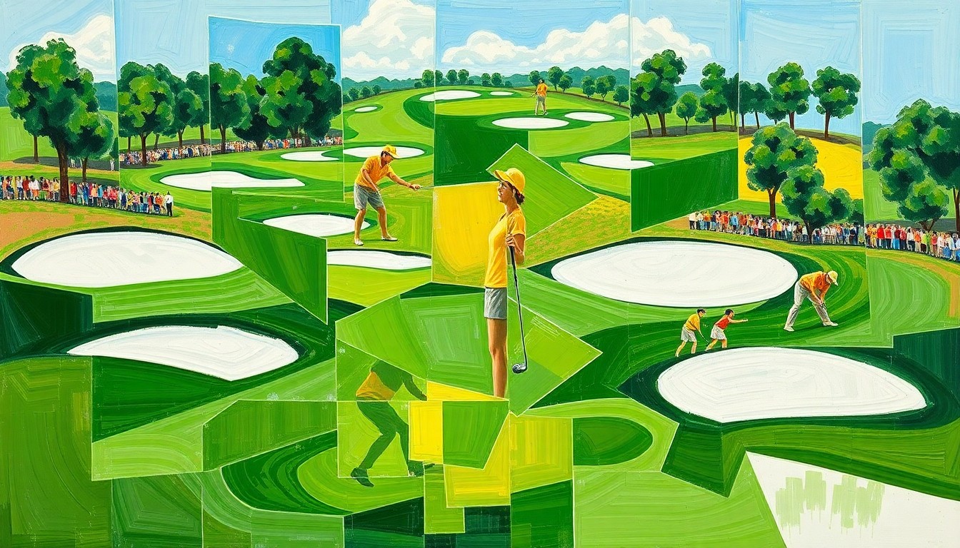 A cubist, geometric painting depicting a fragmented, multi-angled view of a women's golf tournament, with sharp planes of green fairways, white bunkers, and colorful player uniforms, conceptually representing the opportunities for lesser-known players in the absence of the tour's biggest names.