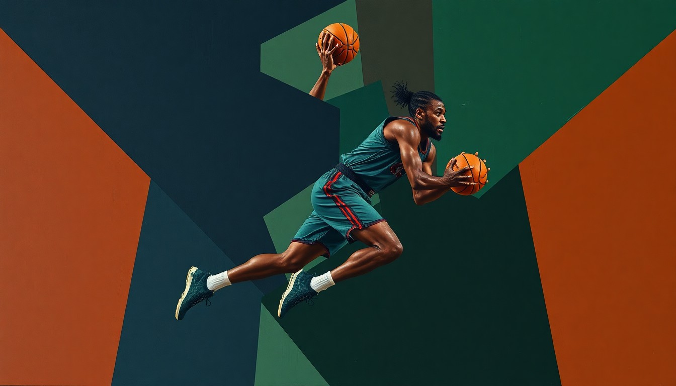 A cubist, geometric painting depicting fragmented, overlapping shapes and planes in muted tones, conceptually representing the challenges Tyrese Haliburton faces in his recovery from injury and illness.