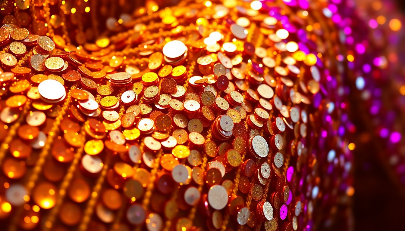 An extreme close-up photograph of shimmering, iridescent sequins in a variety of metallic hues, conceptually representing the luxurious, celebratory atmosphere of Coachella's 25th anniversary festival.