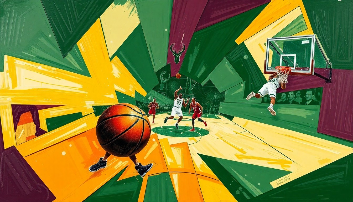 A cubist, geometric painting in shades of green, cream, and burgundy, depicting the fragmented, multi-angled action of a basketball game, conceptually representing the uncertainty surrounding the Bucks' franchise.