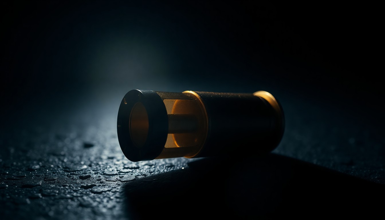 An extreme close-up photograph of a spent shell casing on a dark, textured surface, lit by a harsh, direct camera flash, conceptually illustrating the aftermath of a shooting incident.