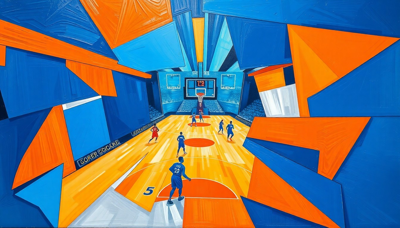 A cubist, geometric painting featuring overlapping planes of royal blue, bright orange, and metallic silver, conceptually representing the dynamic energy and multi-faceted nature of a WNBA basketball game.
