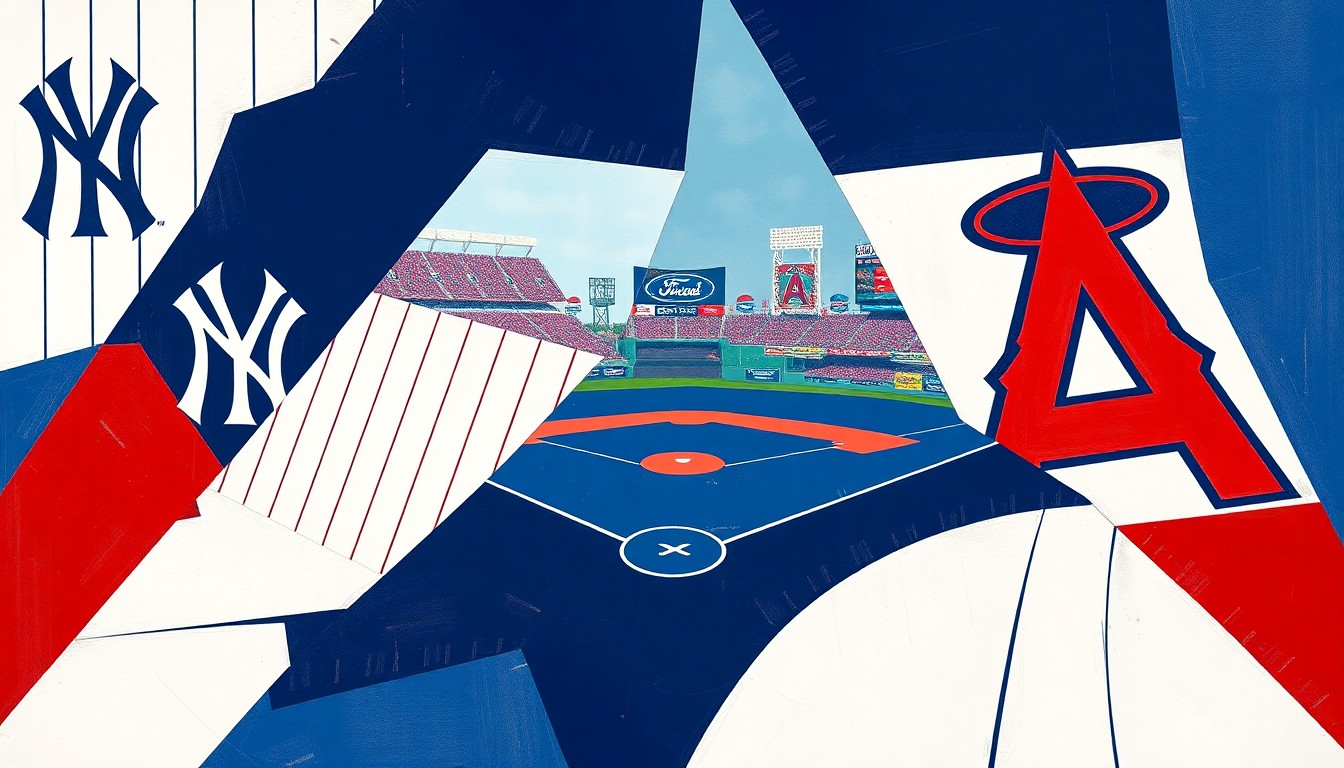 A fragmented, geometric painting depicting a baseball game between two teams, with sharp planes of navy blue, red, and white creating an abstract, multi-angled view of the action.