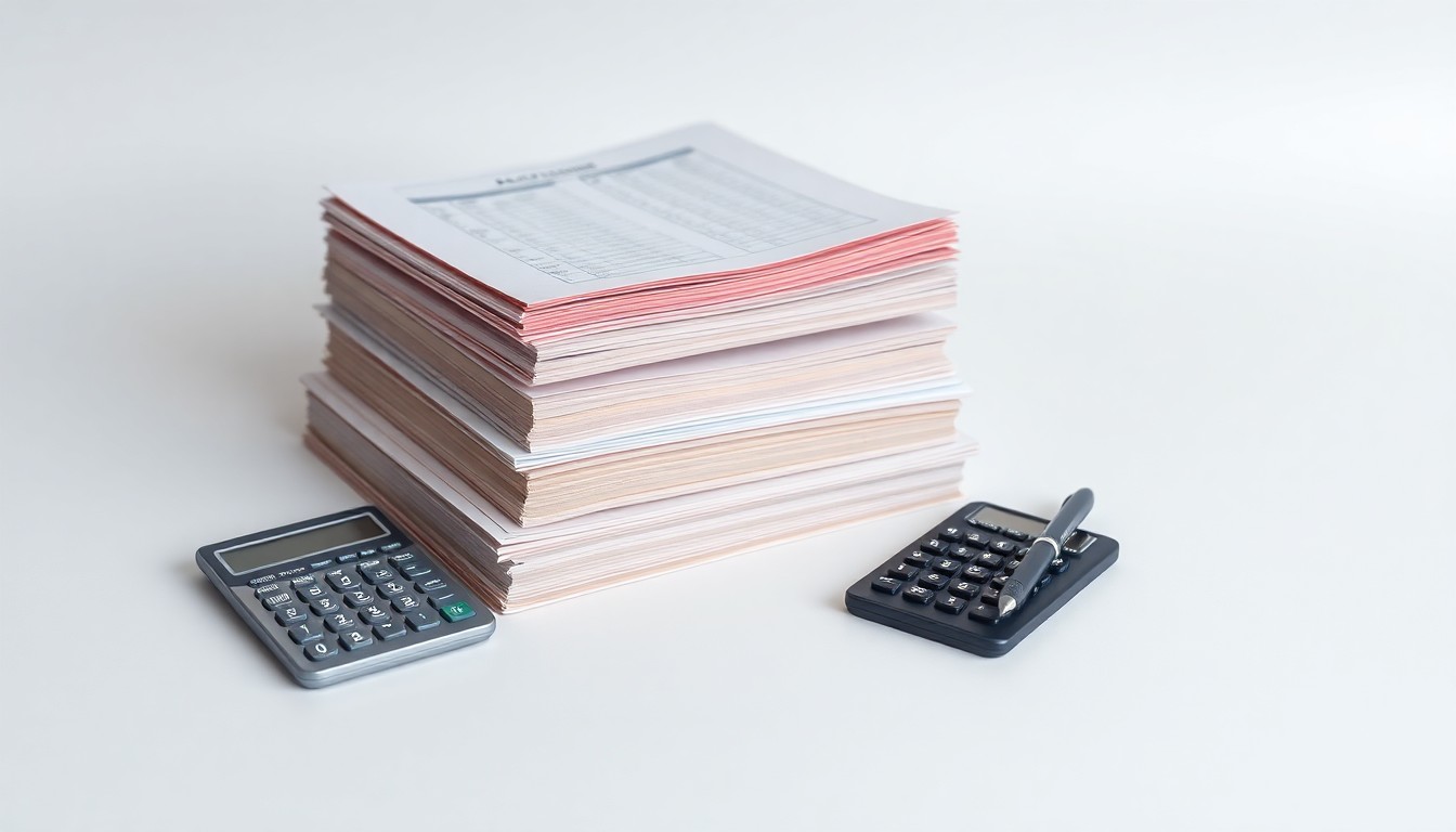 A minimalist studio still life photograph featuring a stack of accounting ledgers, a calculator, and a pen arranged on a clean white background, conceptually representing the transition of leadership at a regional accounting firm.