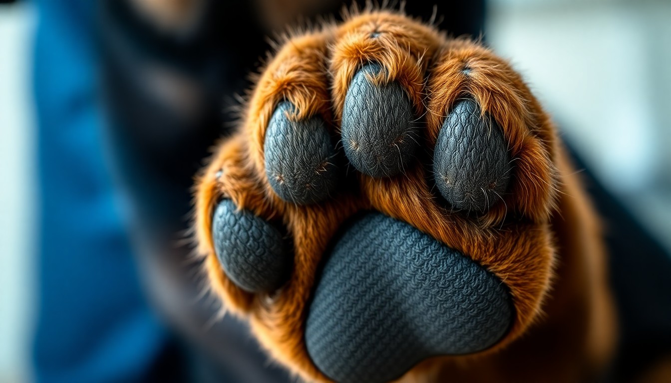 An extreme close-up photograph of a police K-9's paw, with a shallow depth of field highlighting the detailed texture and form of the paw pad, conceptually representing the specialized role and capabilities of the new K-9 officer in the Hollidaysburg Police Department.