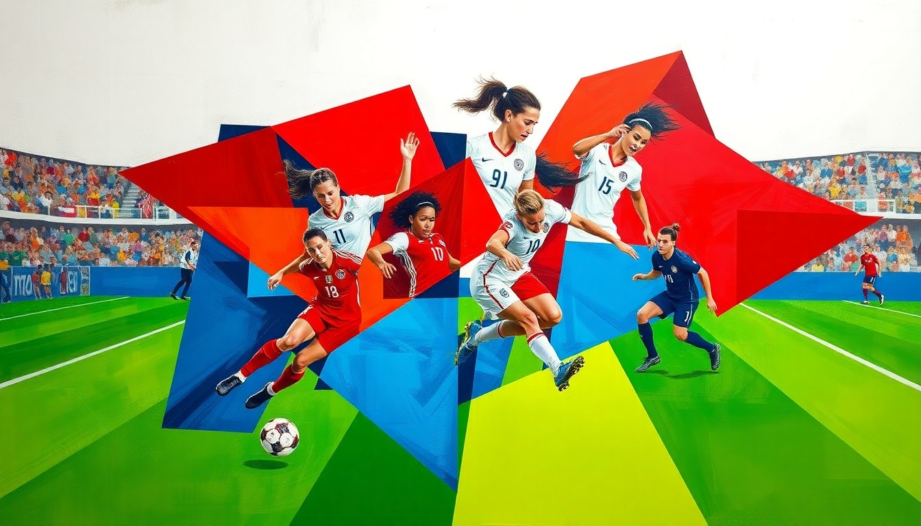A cubist, geometric painting depicting a USWNT soccer match, with sharp planes of red, white, and blue representing the dynamic action on the field.