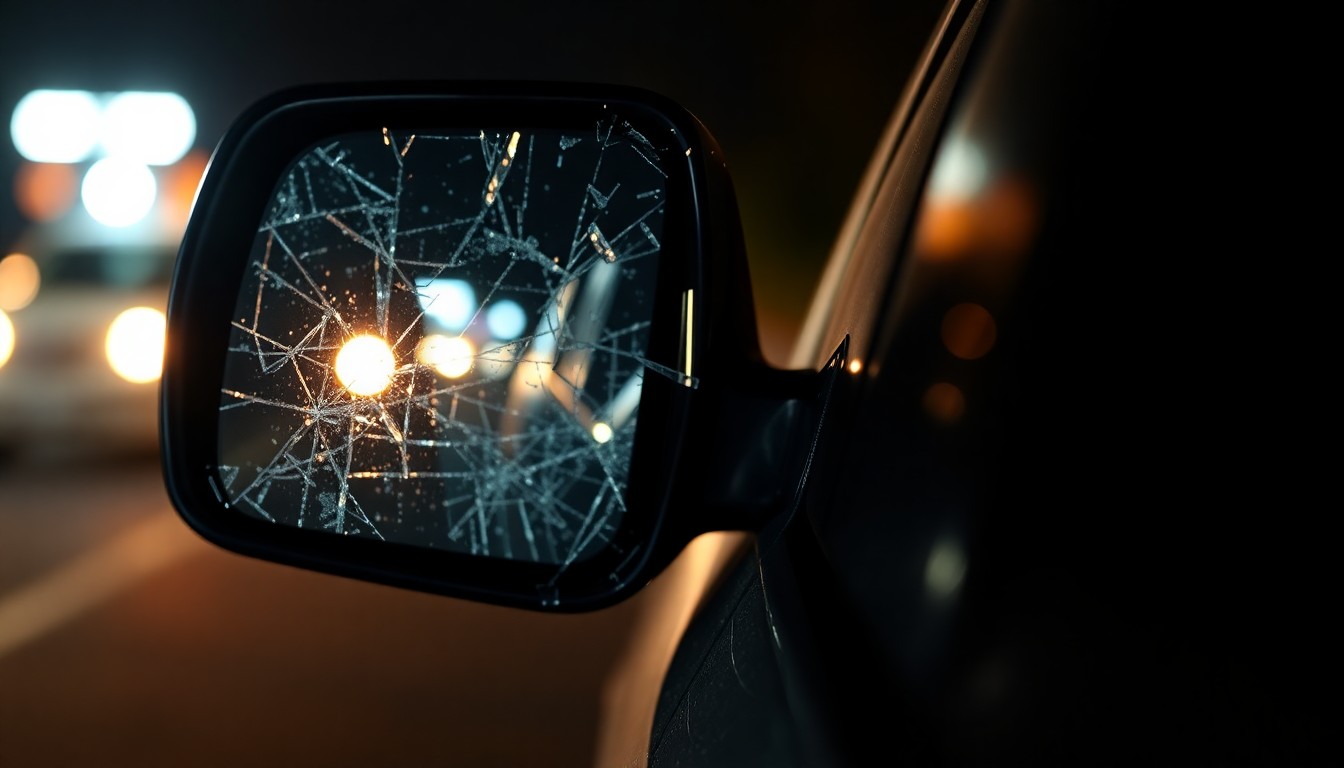 An extreme close-up photograph of a shattered car side mirror reflecting the faint glow of emergency lights, conceptually illustrating the aftermath of a hit-and-run incident.