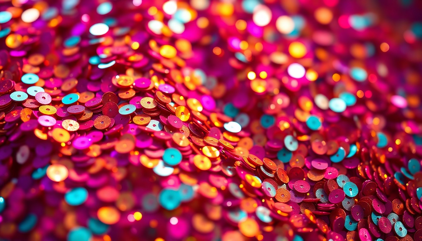 An abstract close-up photograph of shimmering sequins in a kaleidoscope of vibrant colors, evoking the glitz and glamour of the Coachella music festival.