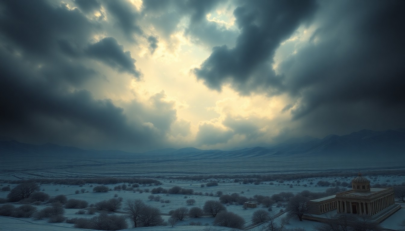 A vast, majestic landscape painting in the style of Caspar David Friedrich, depicting a dramatic winter storm sweeping across the Arizona desert. The scene uses deep, atmospheric perspective and dramatic backlighting to capture the overwhelming, sublime scale of the weather, with swirling clouds and heavy snowfall dwarfing any physical structures or landmarks.
